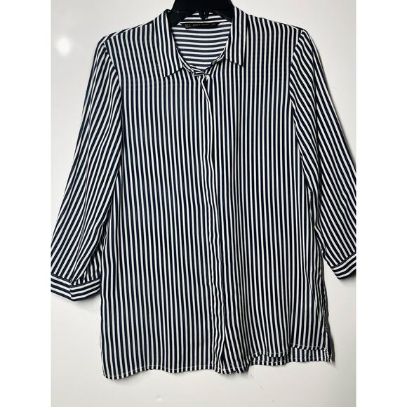 Zara Button Down Blouse Top Black White Striped Casual Preppy Women's Small - Picture 5 of 7